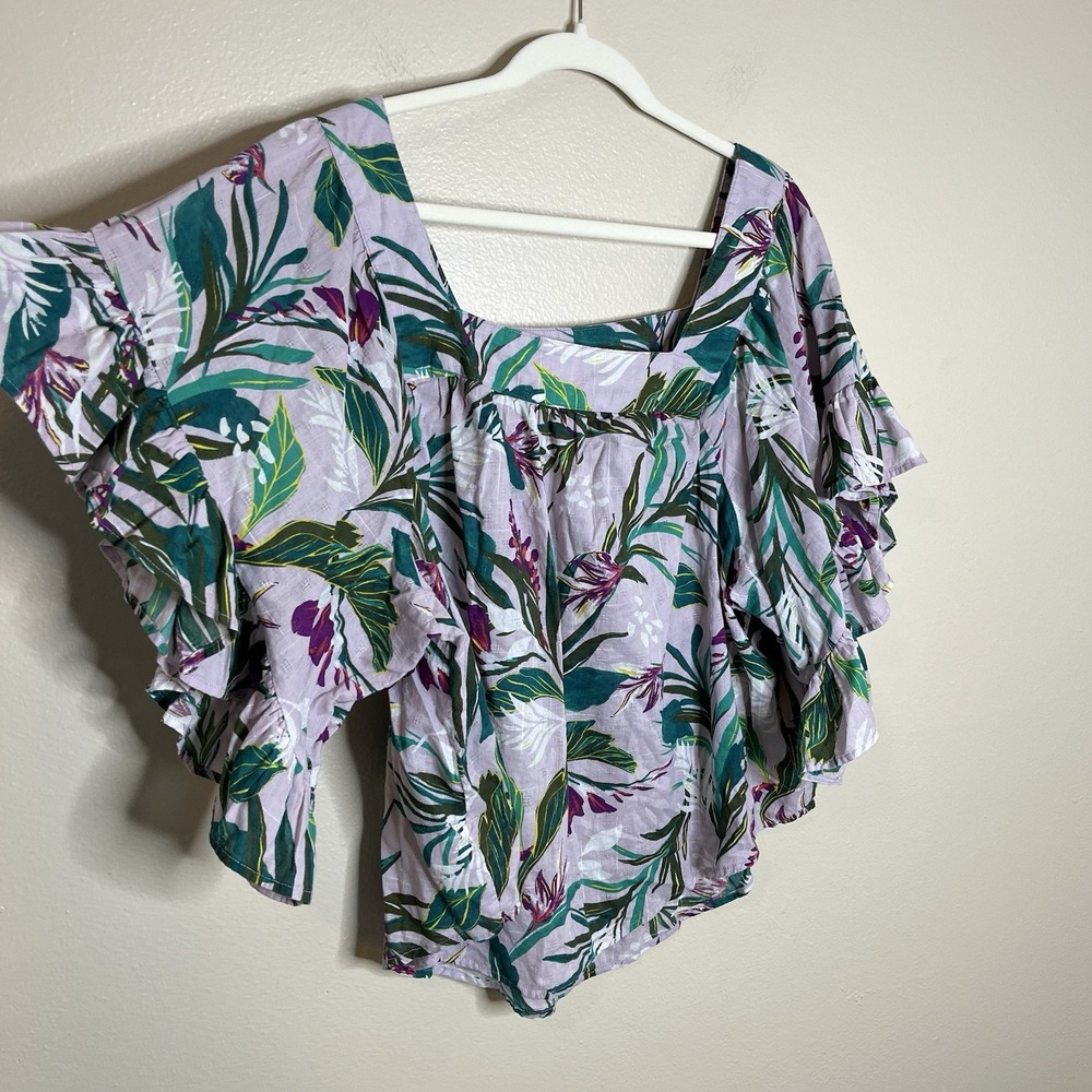 Womwns Blouse Boho Tropical Square Neck Ruffle 1X Maximalist Peasant Boho Resort